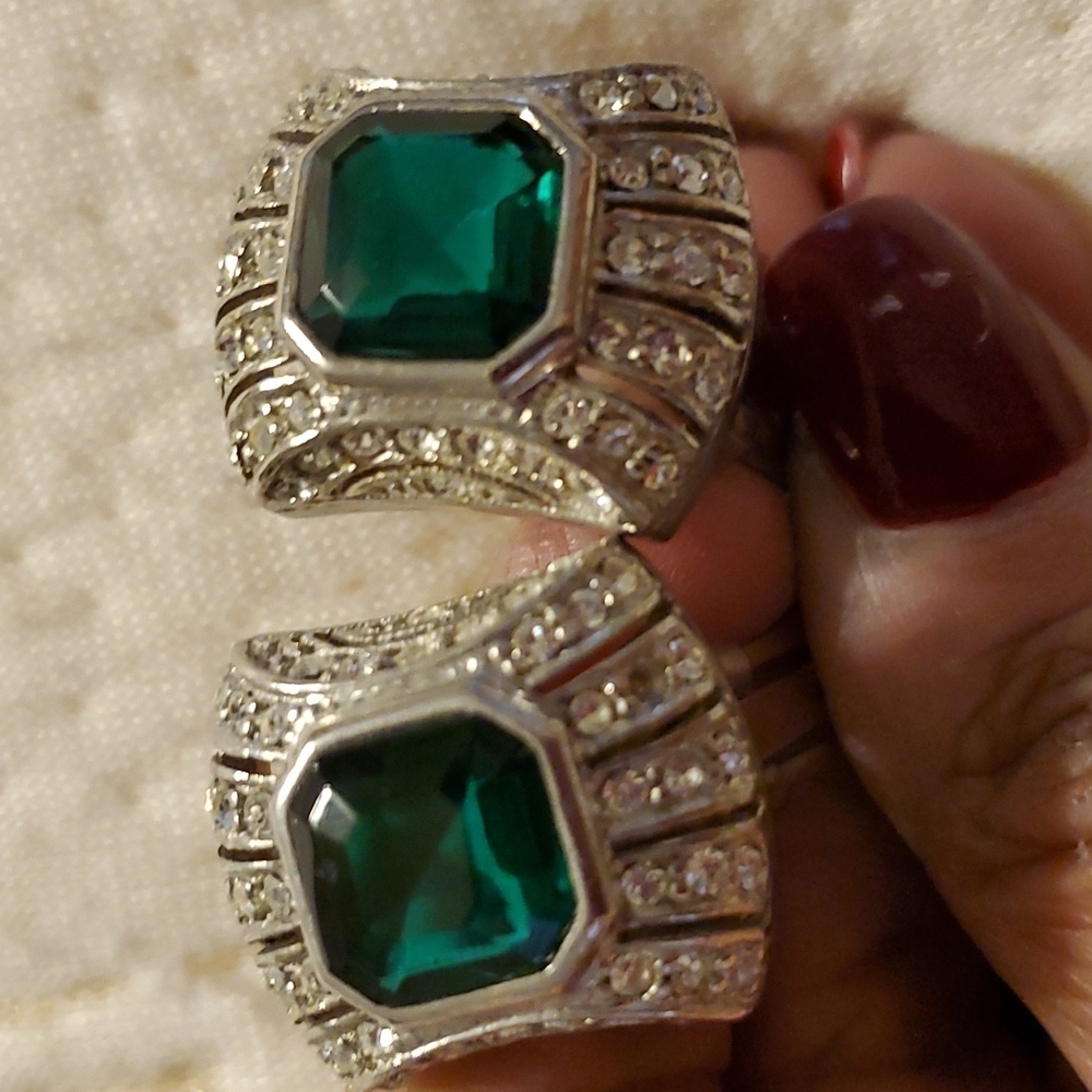 IMPOSTERS Earrings,Silver Finish,and Faux Emeralds, Art Deco design. Clips.